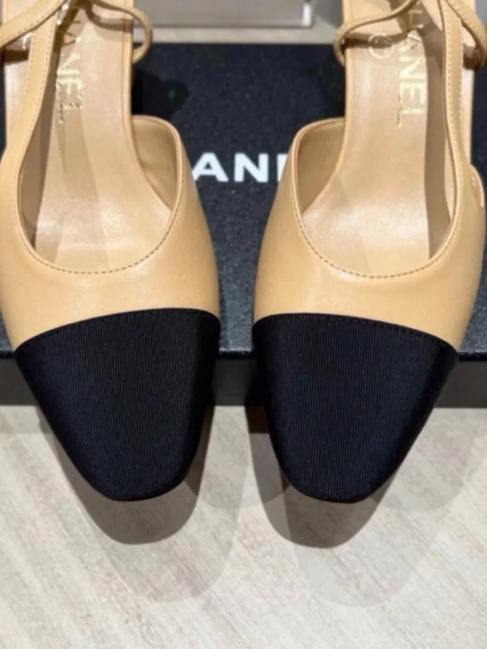 CHANEL Beige & Black Slingback Pumps – Size 39, with Original Box